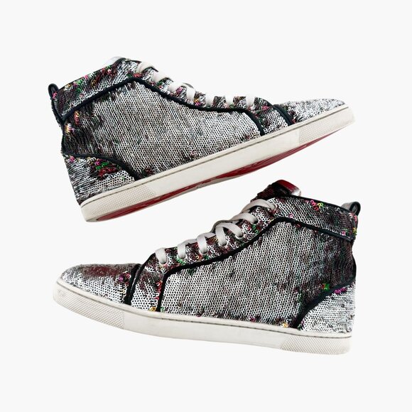 Christian Louboutin Bip Bip High Sneakers EU 37.5 US 7.5 Silver Flip Up Sequin - Picture 5 of 14